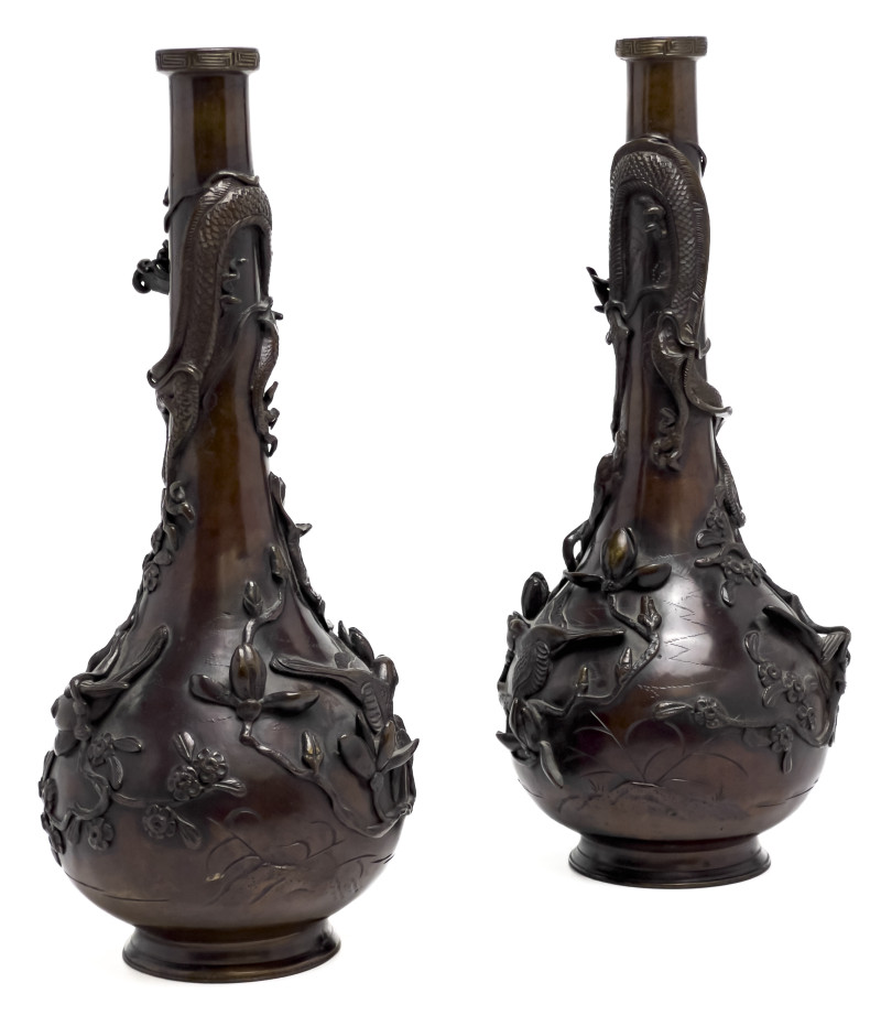 Japanese Meiji Bronze Vases, Pair