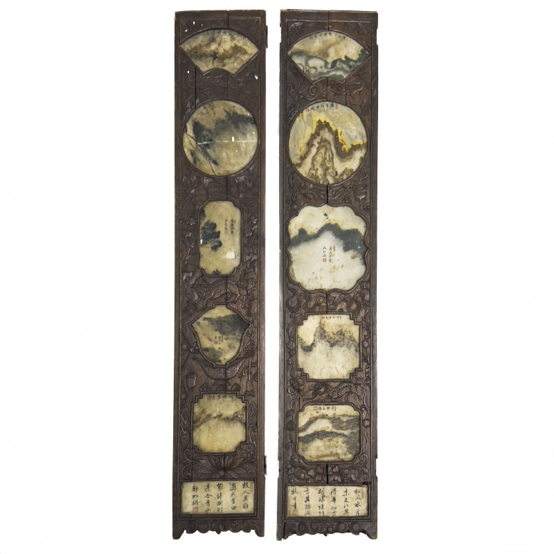 Chinese Dream Stone Carved Wood Panels, Pair