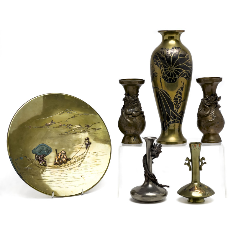 Japanese Gilt and Brass Vases and Plate, Group of 6