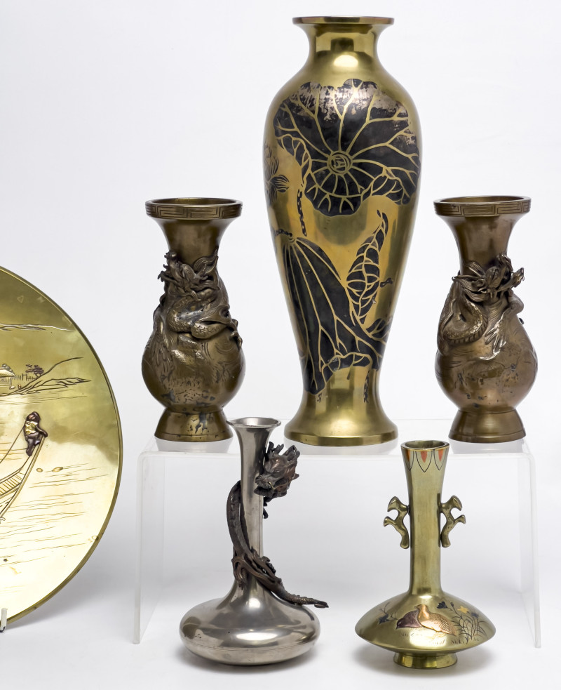 Japanese Gilt and Brass Vases and Plate, Group of 6