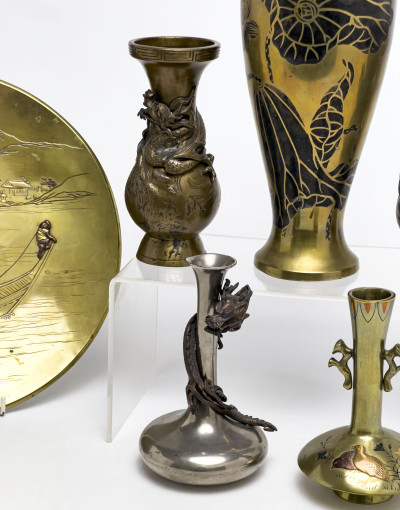 Japanese Gilt and Brass Vases and Plate, Group of 6