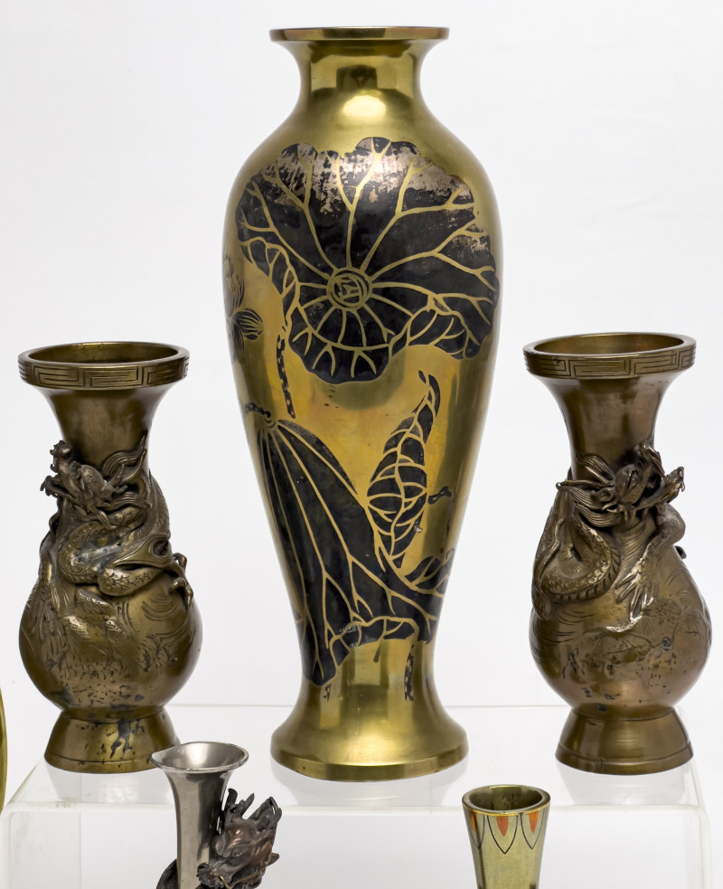 Japanese Gilt and Brass Vases and Plate, Group of 6