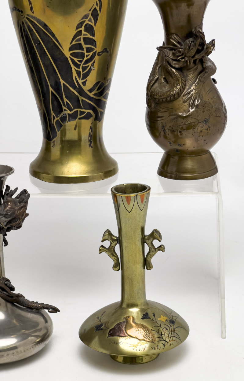 Japanese Gilt and Brass Vases and Plate, Group of 6