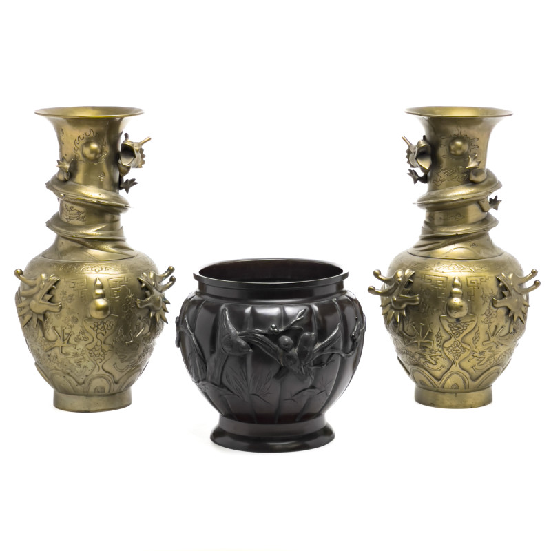 Asian Bronze Vases and Jardiniere, Group of 3