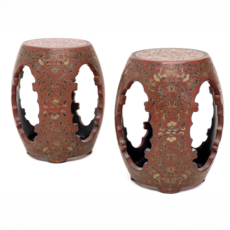 Chinese Red Lacquer Garden Stools, Pair
