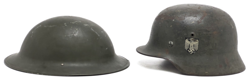 Two WWII Helmets, German and Allied