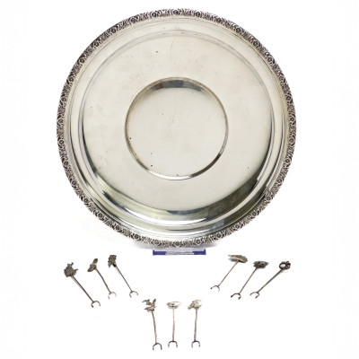 Image for Lot Sterling Plate and Cocktail Picks