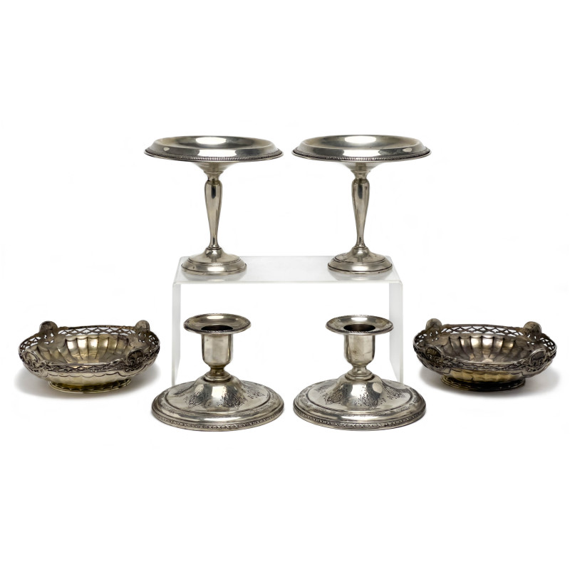 Sterling Silver Dishes and Candlesticks, Group of 6