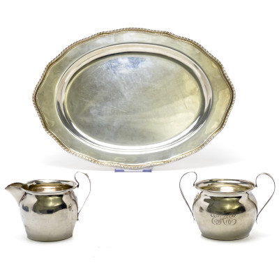 Sterling Silver Tray, Creamer, and Sugar