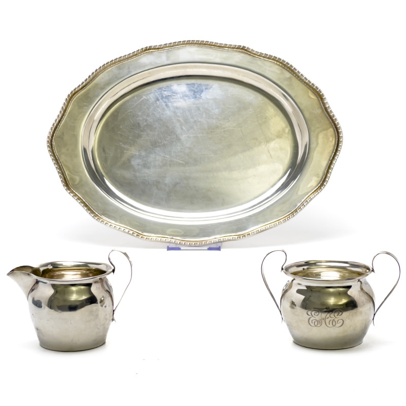 Sterling Silver Tray, Creamer, and Sugar