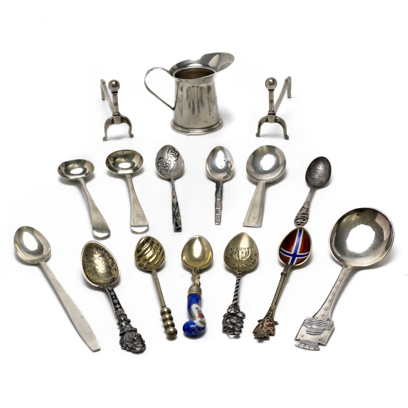 Cartier and Others - Sterling and Coin Silver Spoons, Pitcher, and Andirons