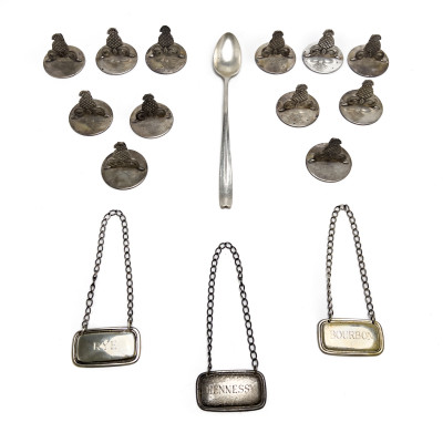 Image for Lot Tiffany & Co. - Sterling Silver Decanter Labels, Pineapple Card Holders, and Spoon, Group of 16