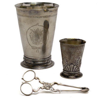 Image for Lot Antique Silver Cups and Sugar Tongs, Group of 3