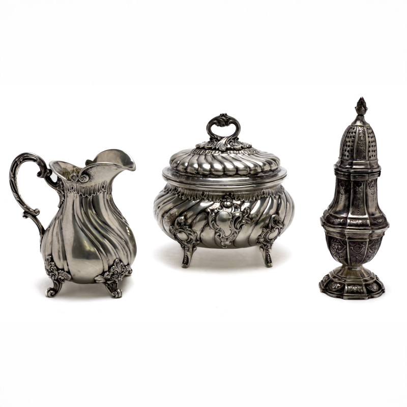 Silver Tea Caddy, Creamer, and Sugar Caster