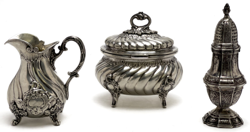 Silver Tea Caddy, Creamer, and Sugar Caster