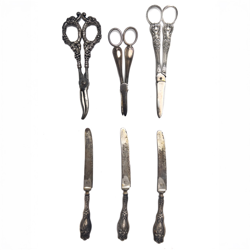 Grape Scissors and Butter Knives, Group of 6