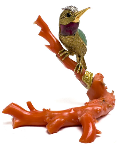 Image for Lot 18K Gold and Gem Hummingbird on Coral Branch Desk Ornament