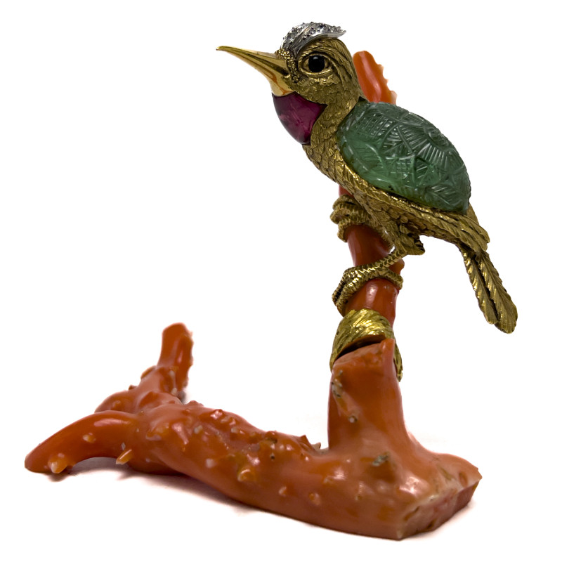 18K Gold and Gem Hummingbird on Coral Branch Desk Ornament