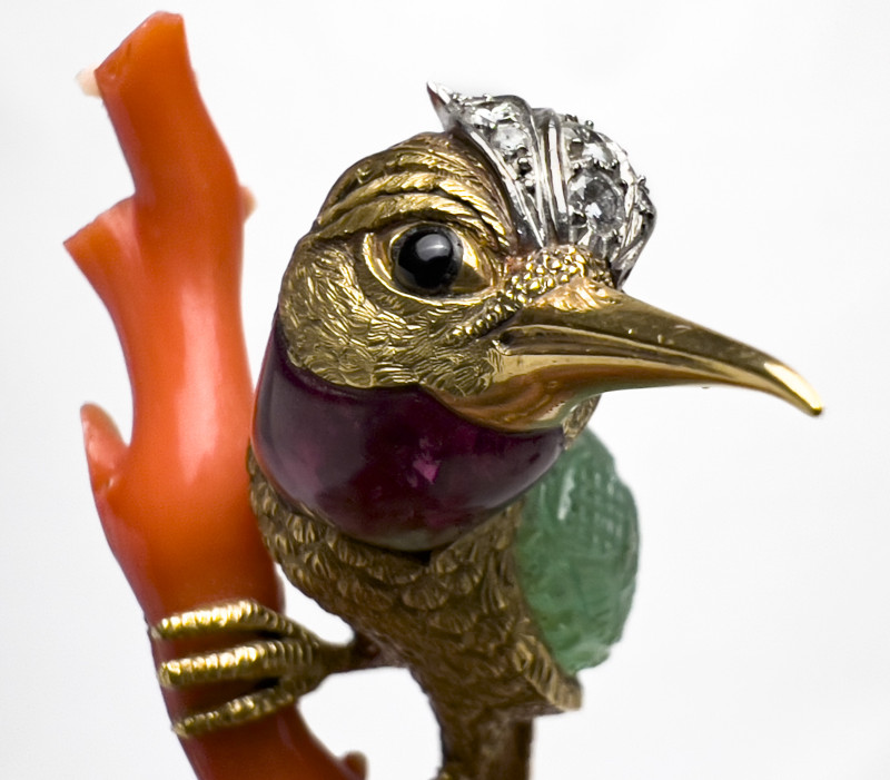 18K Gold and Gem Hummingbird on Coral Branch Desk Ornament