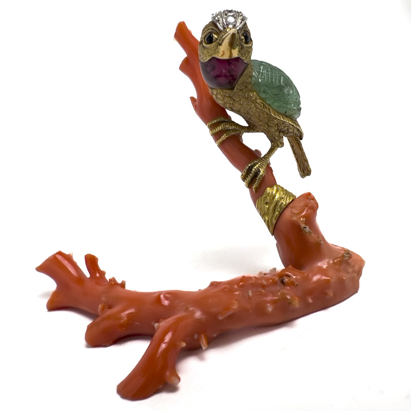18K Gold and Gem Hummingbird on Coral Branch Desk Ornament