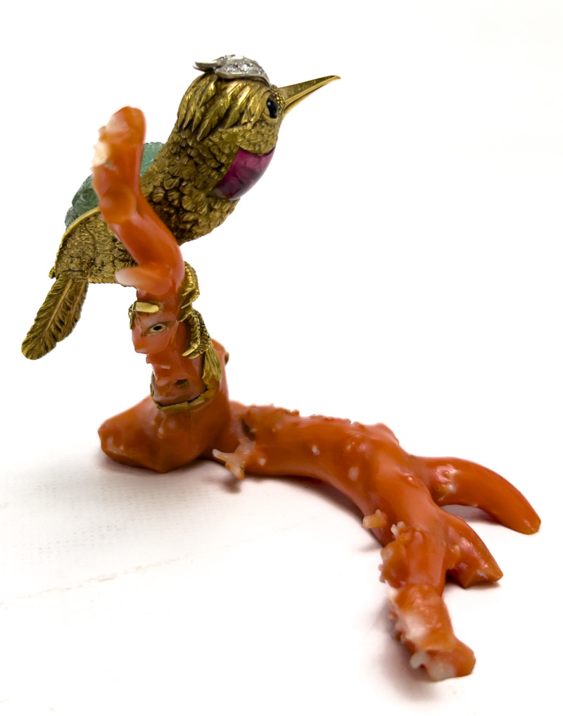 18K Gold and Gem Hummingbird on Coral Branch Desk Ornament