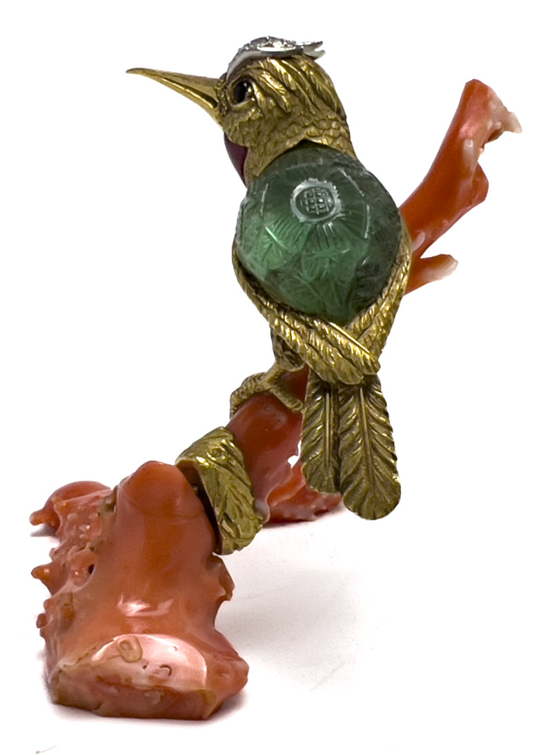 18K Gold and Gem Hummingbird on Coral Branch Desk Ornament