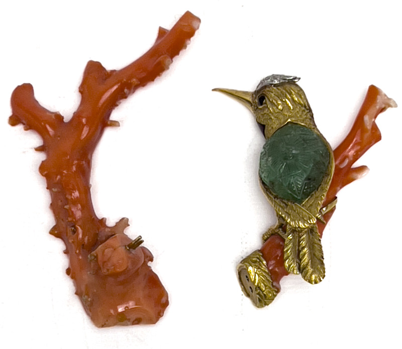18K Gold and Gem Hummingbird on Coral Branch Desk Ornament