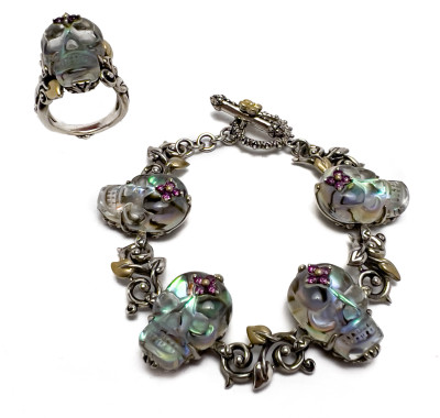 Image for Lot Barbara Bixby - Sterling and 18K Gold Abalone Skull Ring and Bracelet