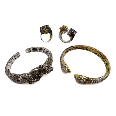 Image for Lot Sterling Panther Rings and Snake Bracelets, Group of 4