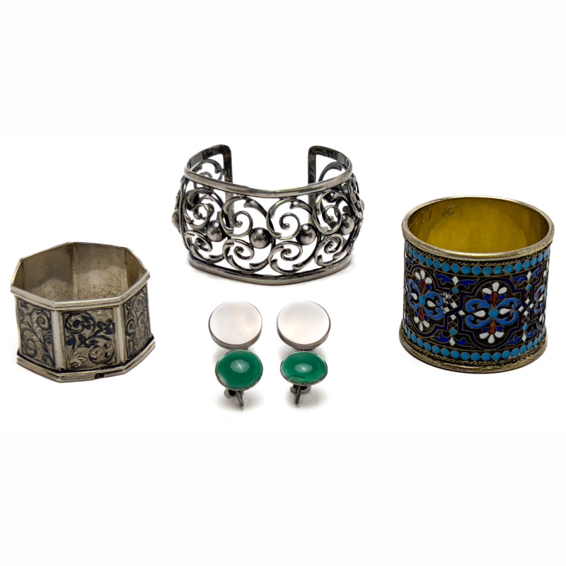 Silver Bracelet, Earrings, and Napkin Rings, Group of 5