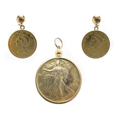 Image for Lot Pair of Liberty Head Half Eagle Earrings and Walking Liberty Silver Pendant