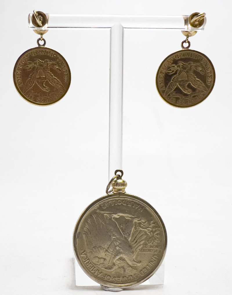 Pair of Liberty Head Half Eagle Earrings and Walking Liberty Silver Pendant