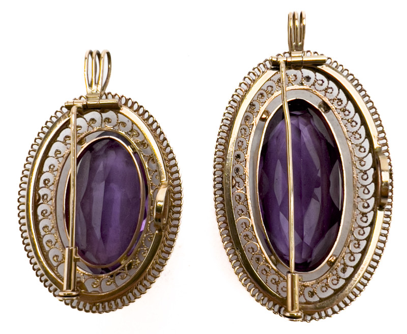 Gold Purple Stone Pendant/Brooches, Group of 2