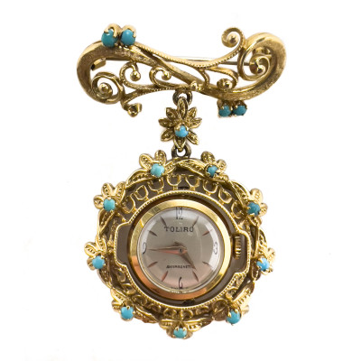 Image for Lot Toliro - Gold Watch Brooch with Turquoise Beads