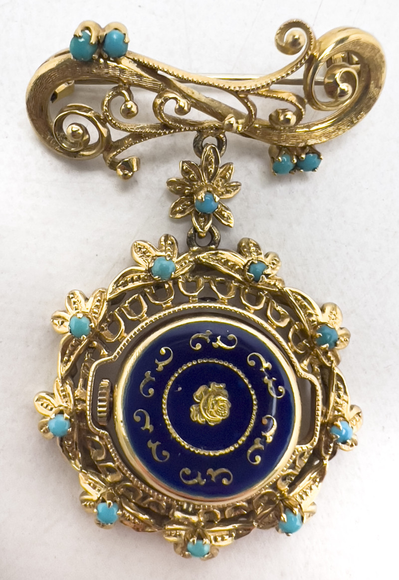 Toliro - Gold Watch Brooch with Turquoise Beads