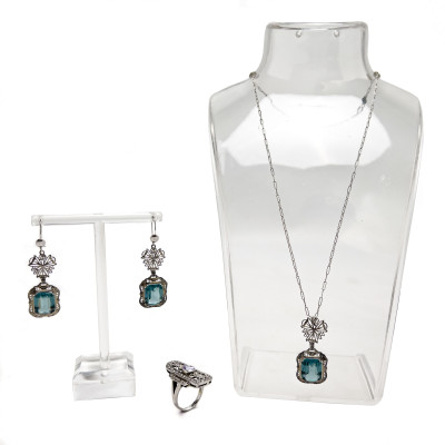 Image for Lot Aquamarine Earrings and Necklace Set and Amethyst Ring, Set in Silver