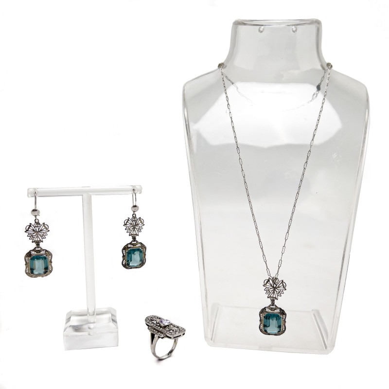 Aquamarine Earrings and Necklace Set and Amethyst Ring, Set in Silver