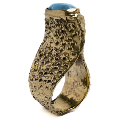Image for Lot Gold Modernist Hammered Turquoise Ring