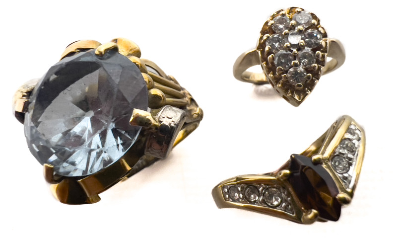 Gold Citrine Ring, Blue Topaz Ring, and Diamond Ring