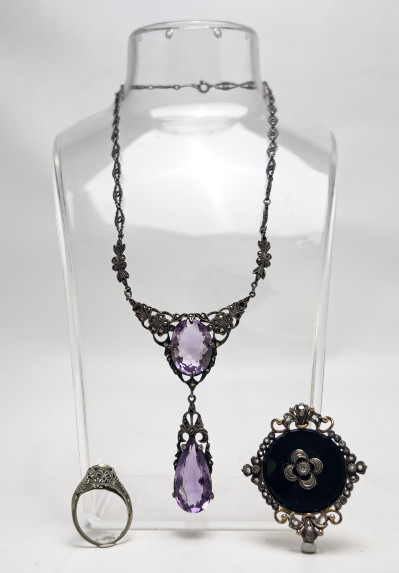 Gold and Diamond Ring, Sterling Silver Amethyst Necklace, and Gold Victorian Onyx Pin