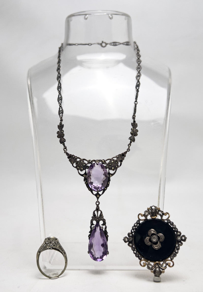 Gold and Diamond Ring, Sterling Silver Amethyst Necklace, and Gold Victorian Onyx Pin