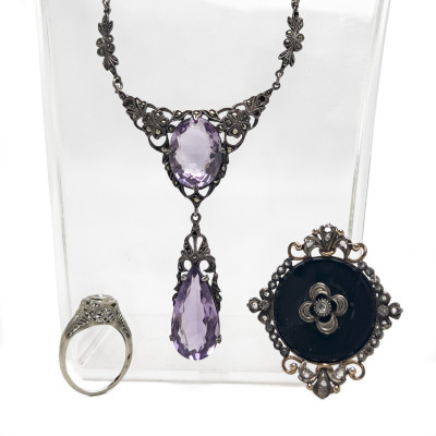 Image for Lot Gold and Diamond Ring, Sterling Silver Amethyst Necklace, and Gold Victorian Onyx Pin