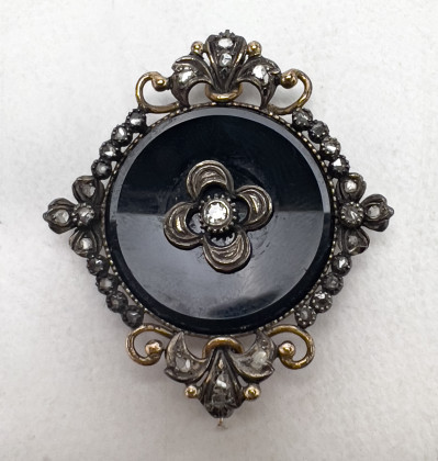 Gold and Diamond Ring, Sterling Silver Amethyst Necklace, and Gold Victorian Onyx Pin