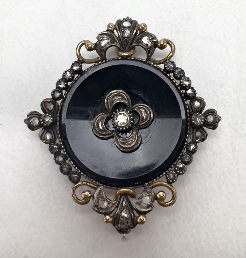 Gold and Diamond Ring, Sterling Silver Amethyst Necklace, and Gold Victorian Onyx Pin