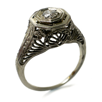 Gold and Diamond Ring, Sterling Silver Amethyst Necklace, and Gold Victorian Onyx Pin