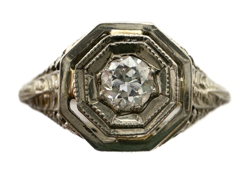 Gold and Diamond Ring, Sterling Silver Amethyst Necklace, and Gold Victorian Onyx Pin