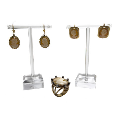 Image for Lot Gold Cameo and Diamond Ring and Cameo Earrings, Group of 3