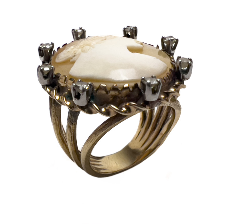 Gold Cameo and Diamond Ring and Cameo Earrings, Group of 3