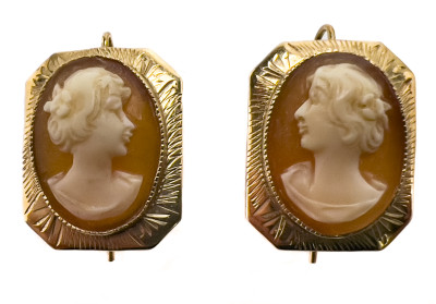 Gold Cameo and Diamond Ring and Cameo Earrings, Group of 3