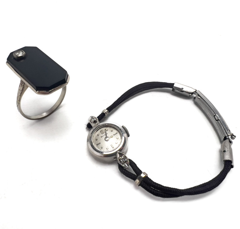 Gold and Diamond Bulova Watch and Gold, Onyx and Diamond Ring